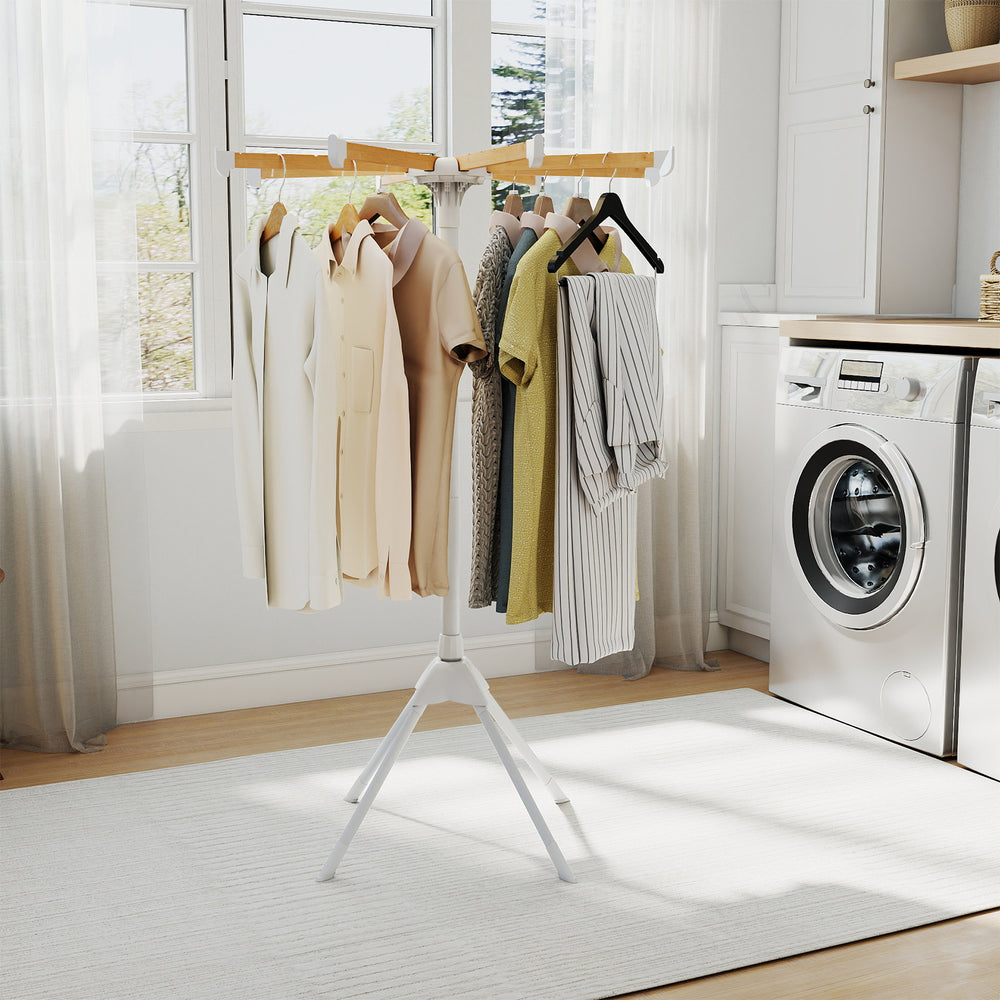 Foldable clothes drying rack with 8 bamboo rods and 40 hanger slots, ideal for efficient laundry organization and.