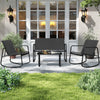 Black 4 PCS patio furniture set featuring two rocking chairs and a table, perfect for outdoor relaxation on the porch.