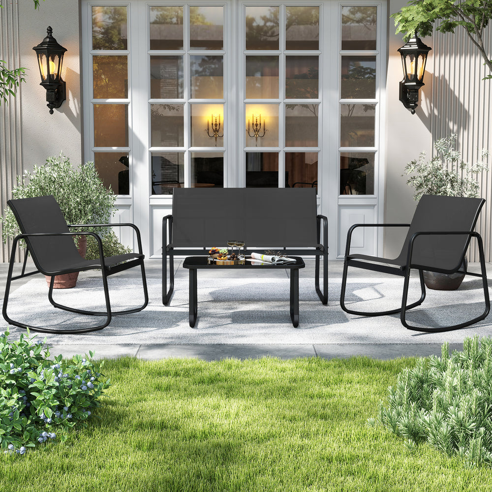 Black 4 PCS patio furniture set featuring two rocking chairs and a table, perfect for outdoor relaxation on the porch.