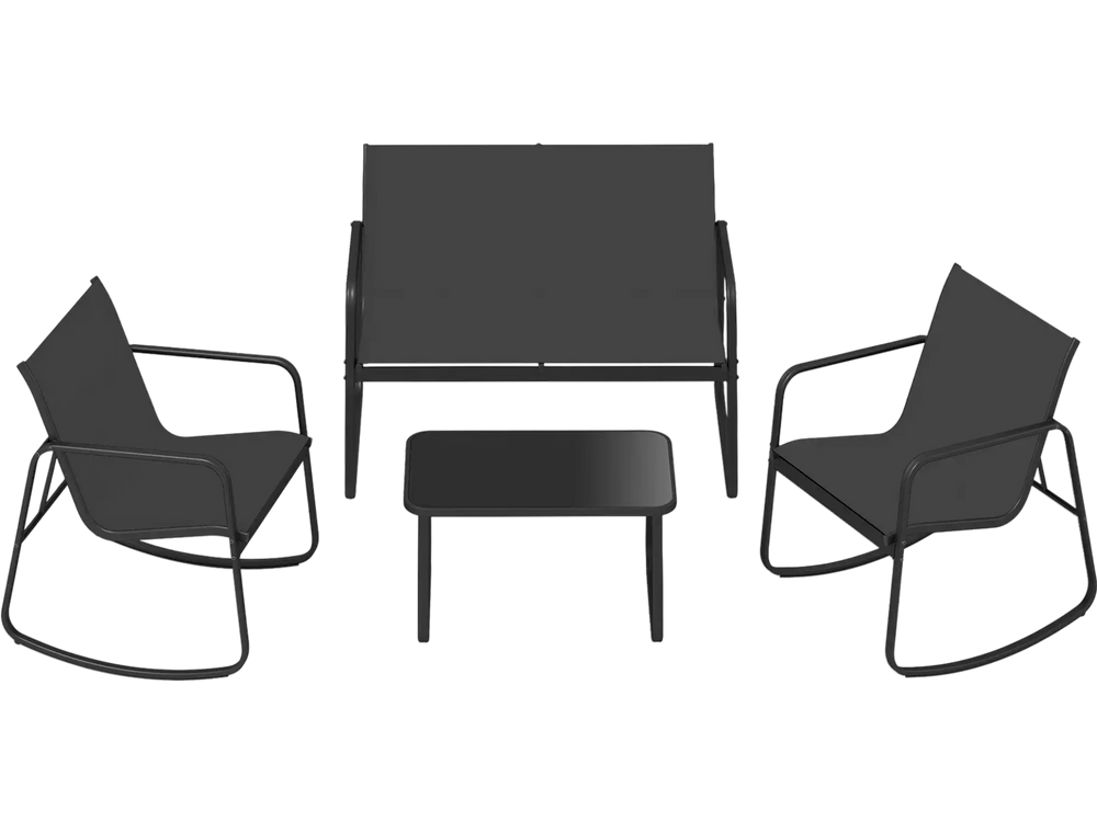 4-piece black patio furniture set featuring rocking chairs and a tempered glass table, perfect for outdoor relaxation.