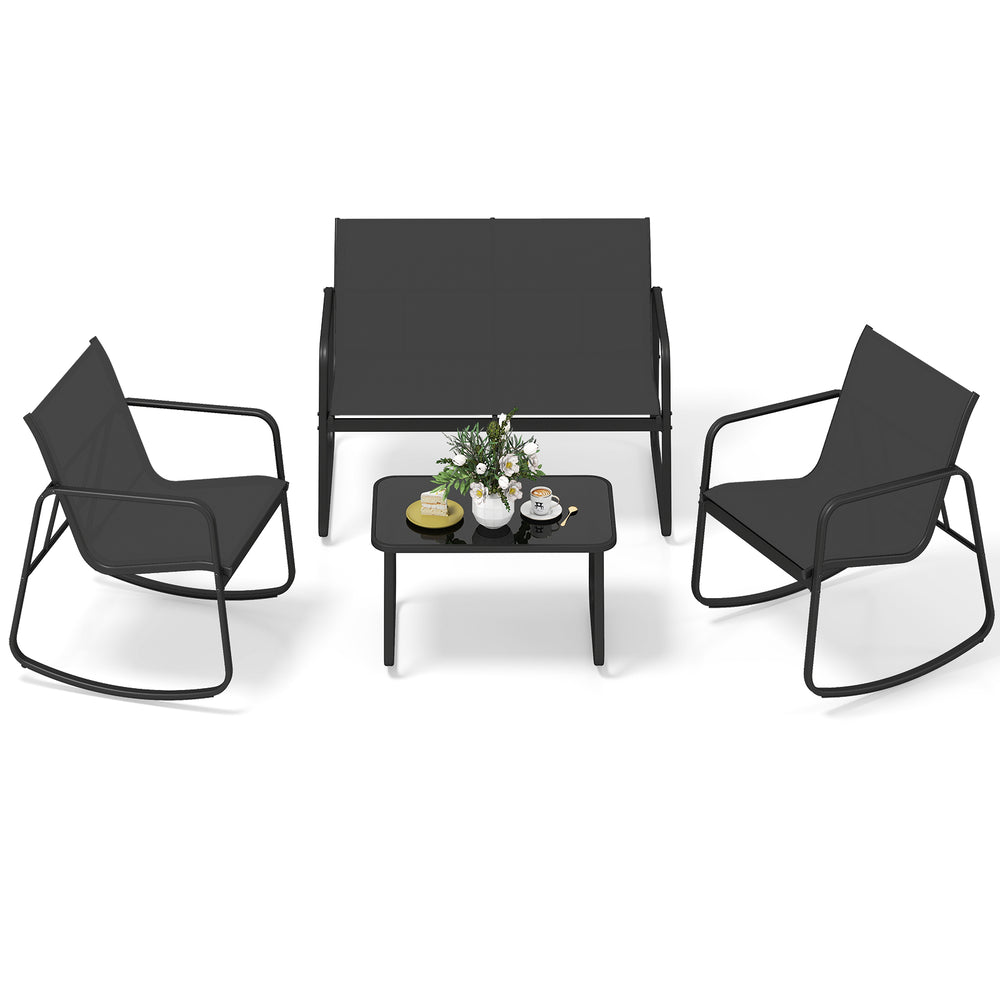 Black 4 PCS patio furniture set featuring a rocking chair, loveseat, and tempered glass table, perfect for outdoor.