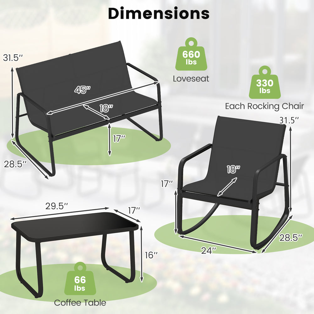 Dimensions of the 4 PCS patio furniture set, including a loveseat and rocking chairs, ideal for outdoor relaxation.