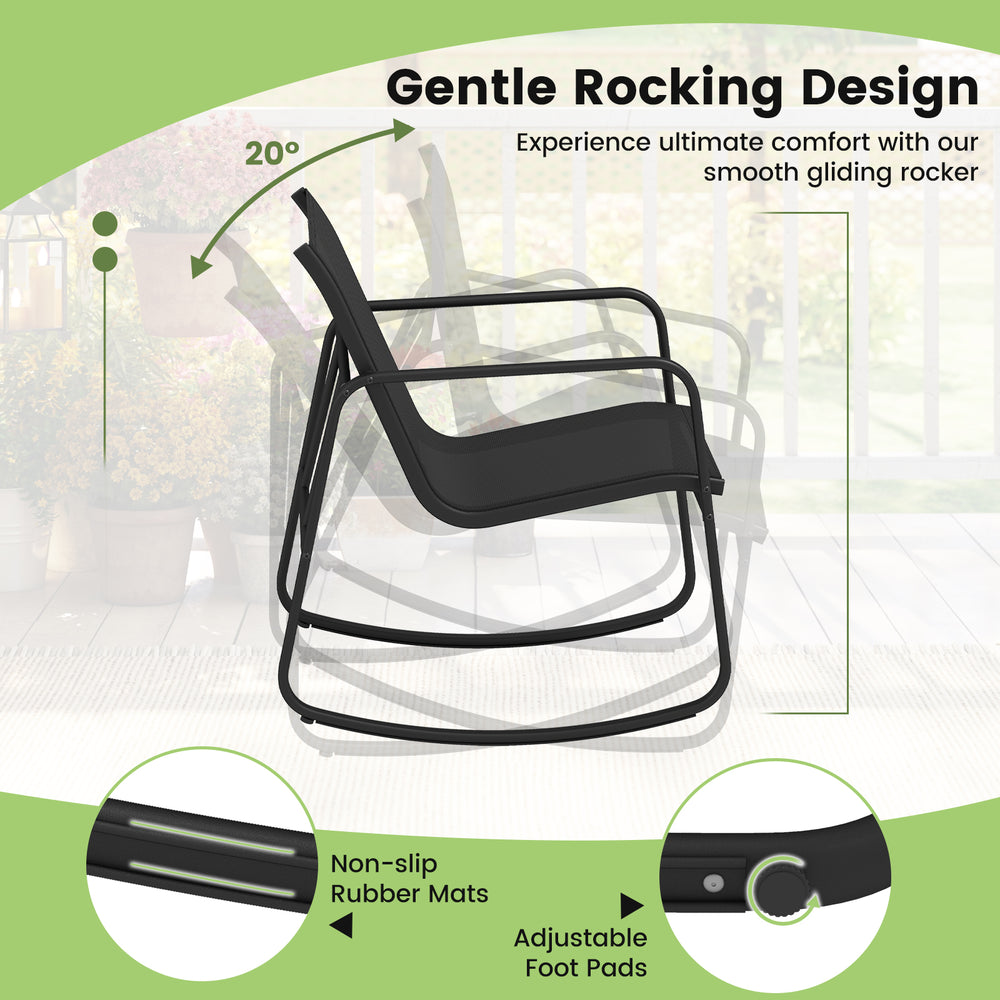 Black outdoor rocking chair with ergonomic backrest and adjustable foot pads, perfect for patio relaxation.