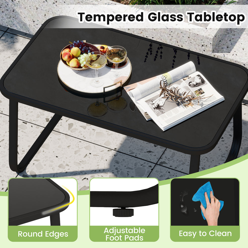 Tempered glass tabletop with round edges and adjustable foot pads, perfect for outdoor patio furniture set.