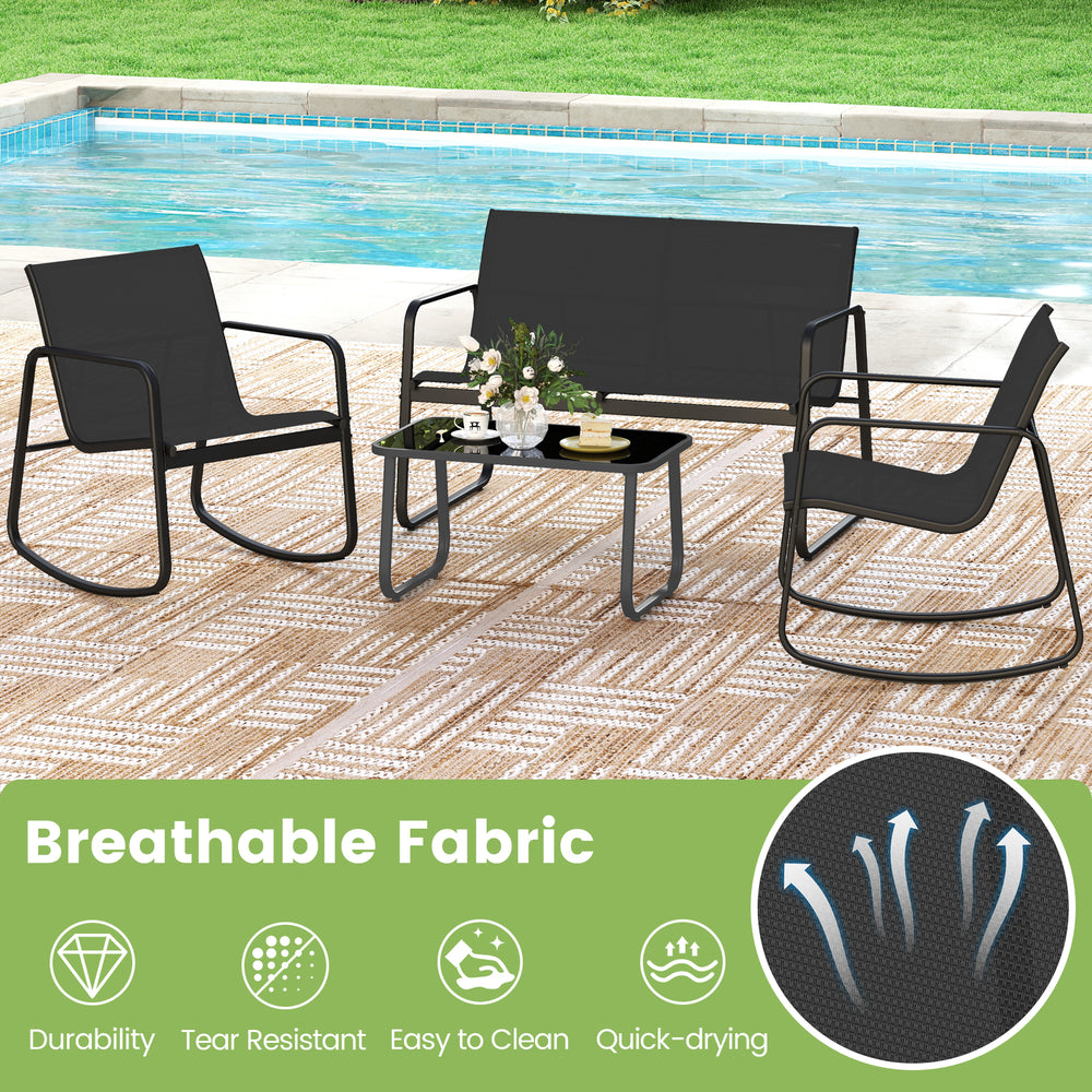 Black 4-piece patio furniture set featuring rocking chairs and a tempered glass tabletop, perfect for outdoor.