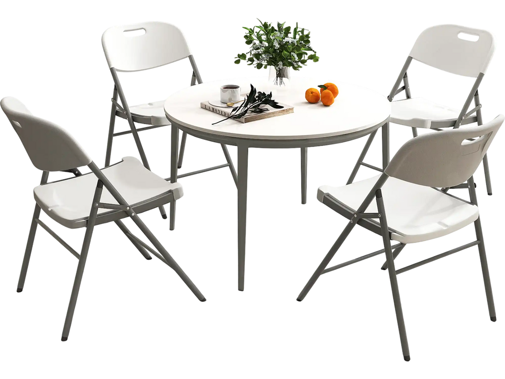 Round table set with four white folding chairs featuring a metal frame, ideal for outdoor use and compact storage.