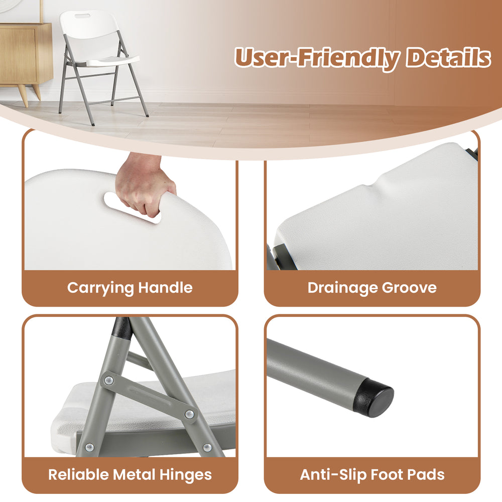 Folding stackable chair with carrying handle, metal frame, drainage groove, and anti-slip foot pads for outdoor use.