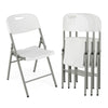Folding stackable chair with metal frame in white, featuring ergonomic backrest and carrying handle for easy.