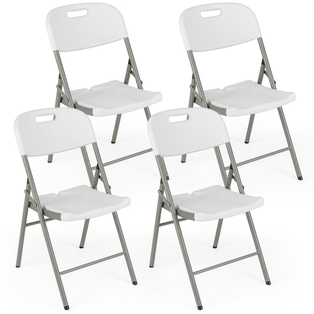 Four white folding stackable chairs with metal frames and carrying handles, ideal for outdoor events and easy storage.