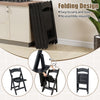 Black resin folding chair with padded seat, showcasing its convenient folding design for easy storage and transport.