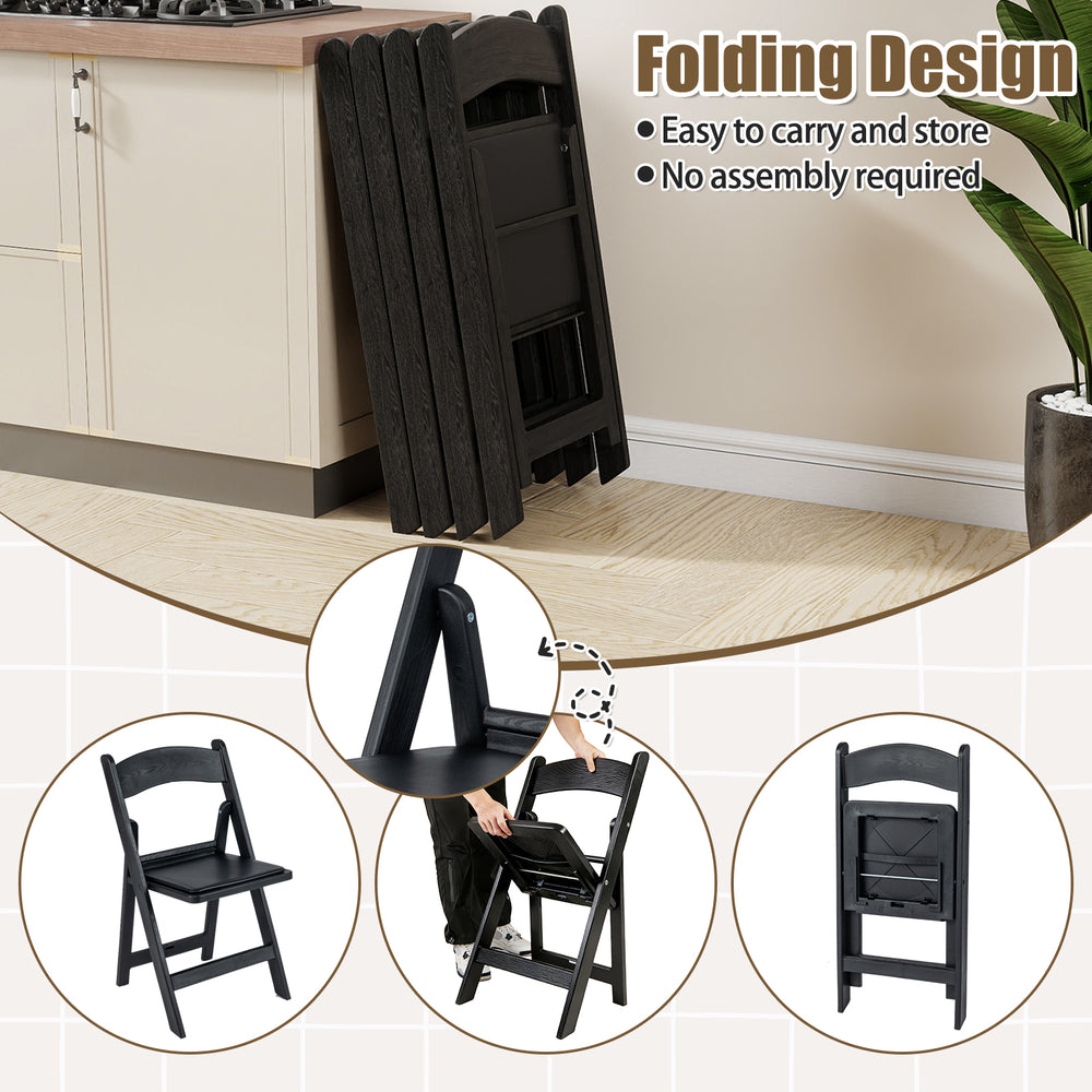 Black resin folding chair with padded seat, showcasing its convenient folding design for easy storage and transport.