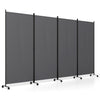 Four-panel gray folding privacy screen room divider with wheels, ideal for living rooms and restaurants, offers flexible rearrangement.