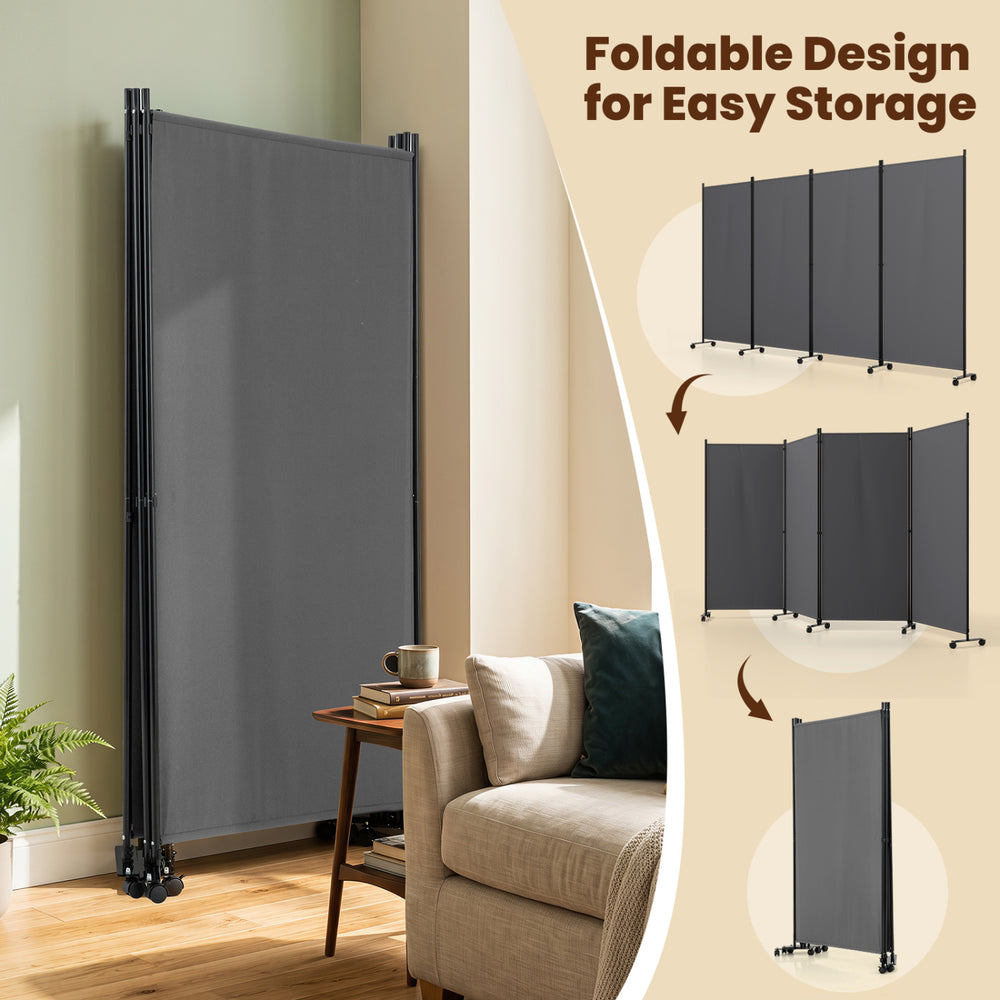 4-panel folding privacy screen room divider in gray with wheels, designed for easy storage and enhanced privacy.