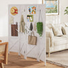 4-panel white pegboard display stand room divider with solid wood frame, ideal for home and commercial use.