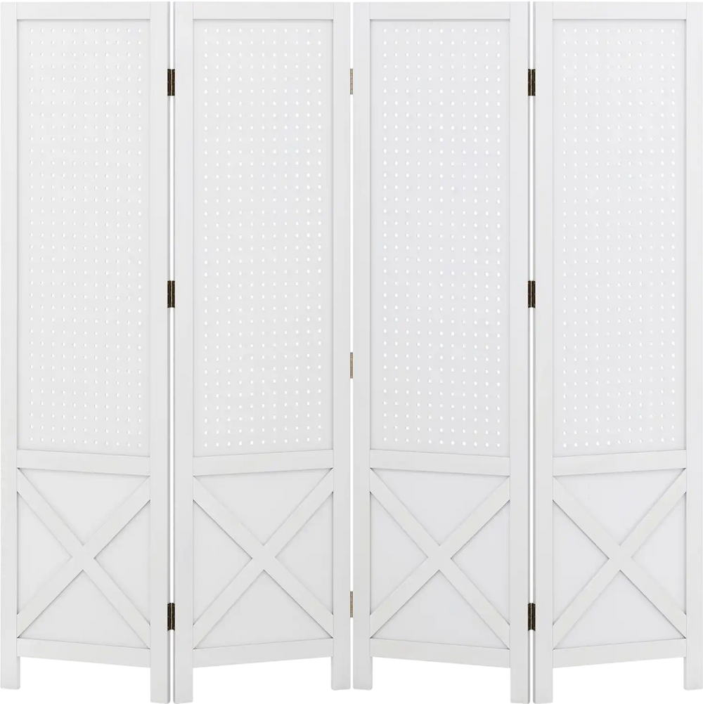 4-panel white folding room divider with pegboard design, solid wood frame, ideal for home or commercial display use.