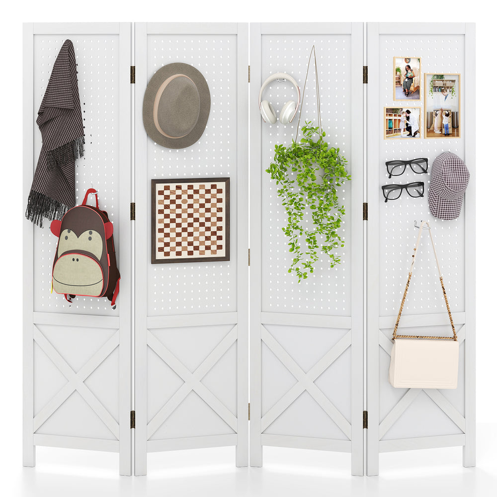 4-panel white pegboard display stand with solid wood frame, ideal for room division and versatile display solutions.