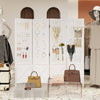 4-panel white pegboard display stand with solid wood frame, ideal for room division and showcasing accessories.