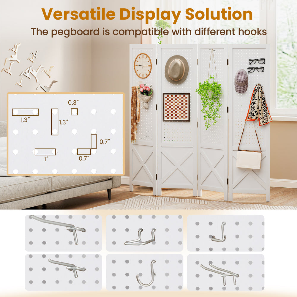 4-panel pegboard display stand in white with solid wood frame, ideal for home or commercial use as a room divider.