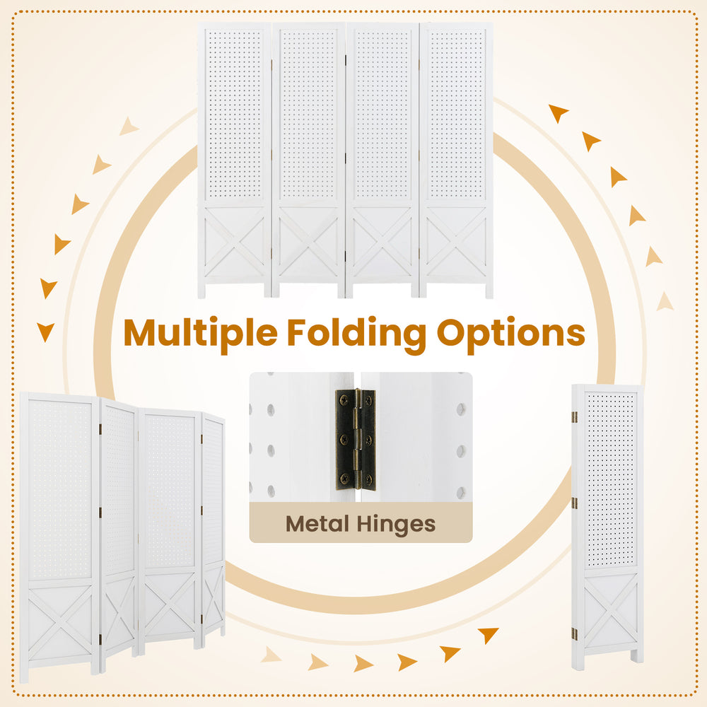4-panel white pegboard display stand room divider with solid wood frame and metal hinges for versatile folding options.