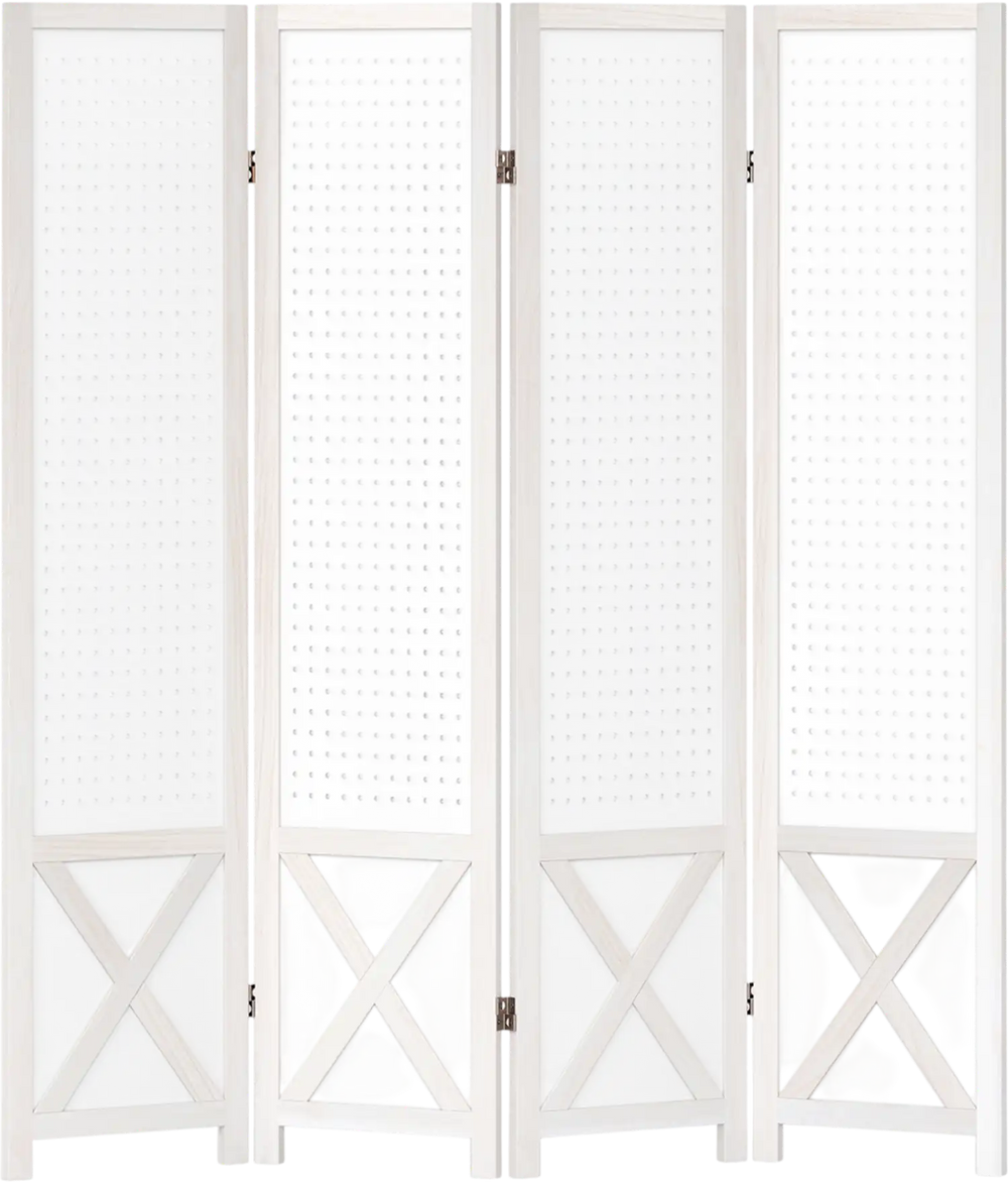 Four-panel foldable privacy screen with pegboard design, crafted from natural paulownia for versatile room division.