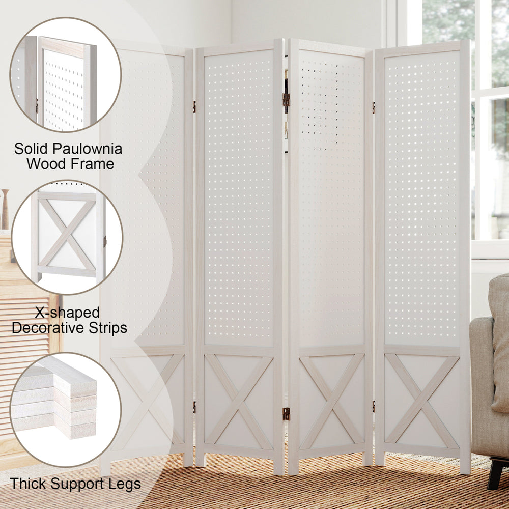 Four-panel pegboard room divider with solid paulownia wood frame, featuring multiple peg holes for versatile storage.