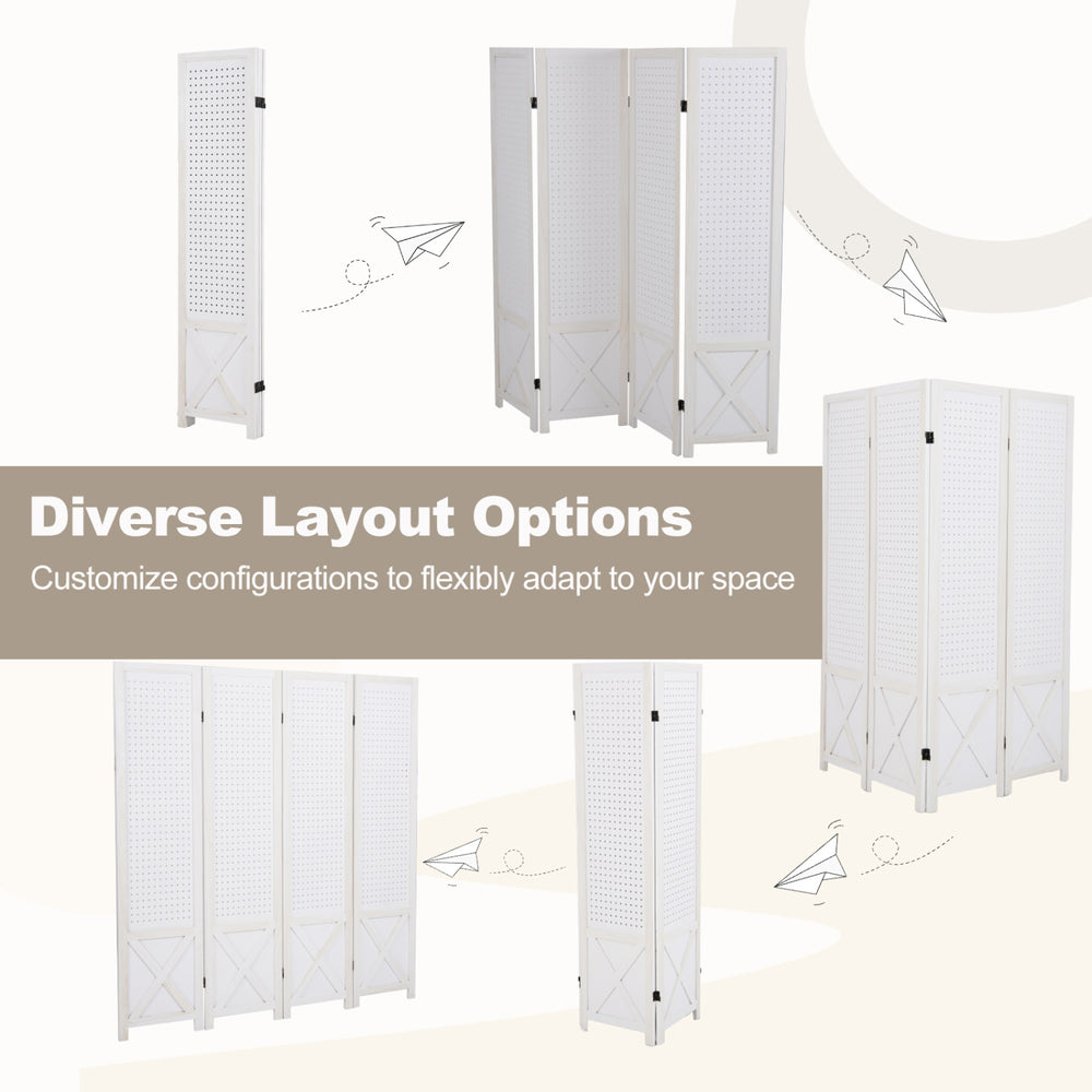 4-panel pegboard room divider with natural wood frame, customizable shapes, and foldable design for versatile use.
