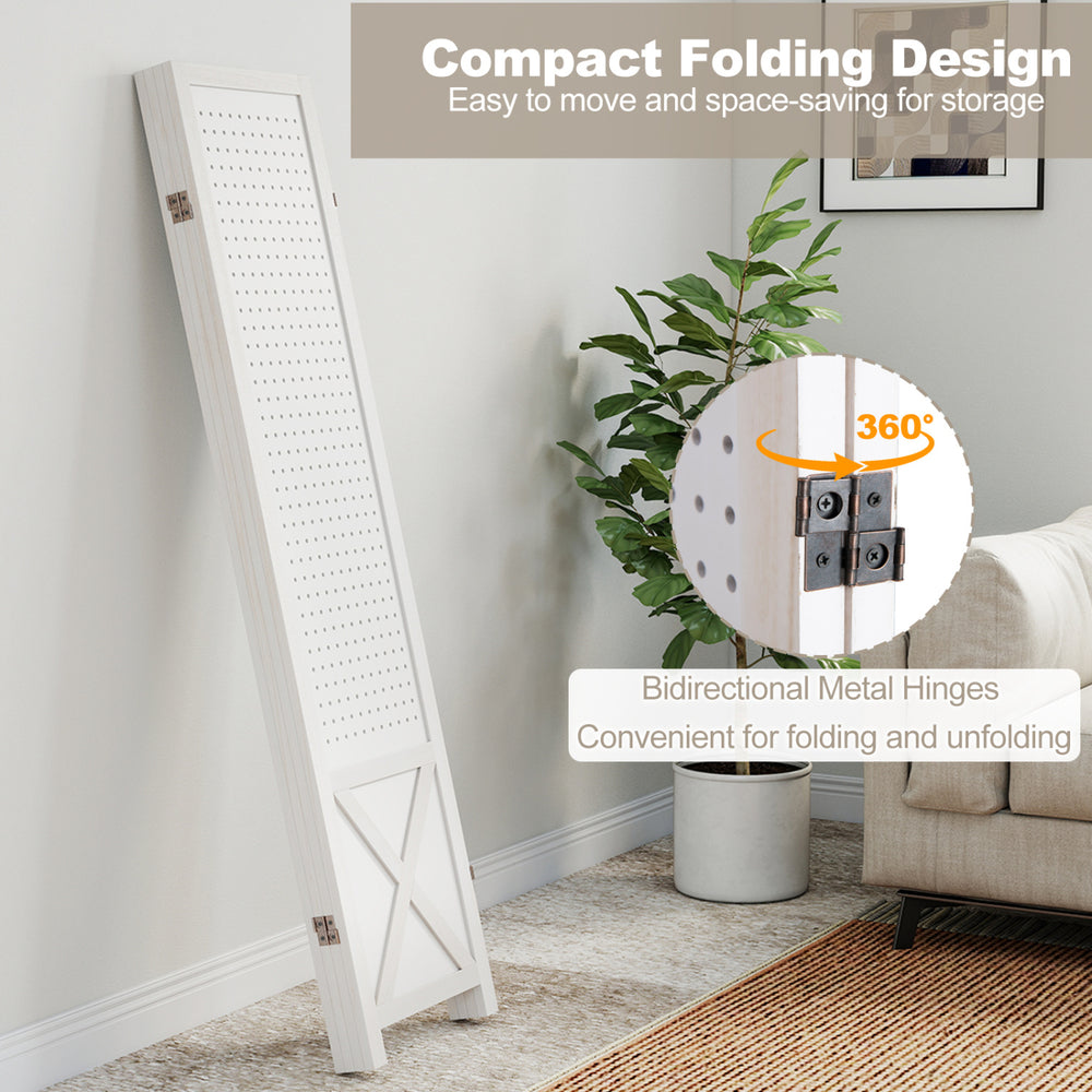 4-panel pegboard room divider in white, 67 inches tall, featuring a foldable design and versatile storage options.