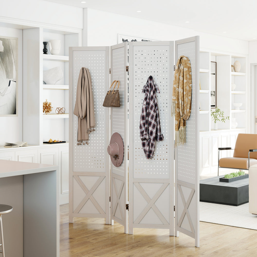 4-panel pegboard room divider with natural paulownia wood, featuring versatile storage options and a foldable design.