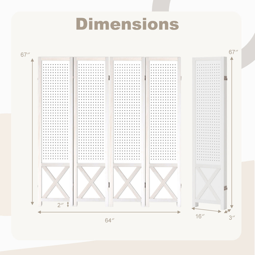 4-panel pegboard room divider in white, 67 inches tall, showcasing dimensions and foldable design for versatile use.