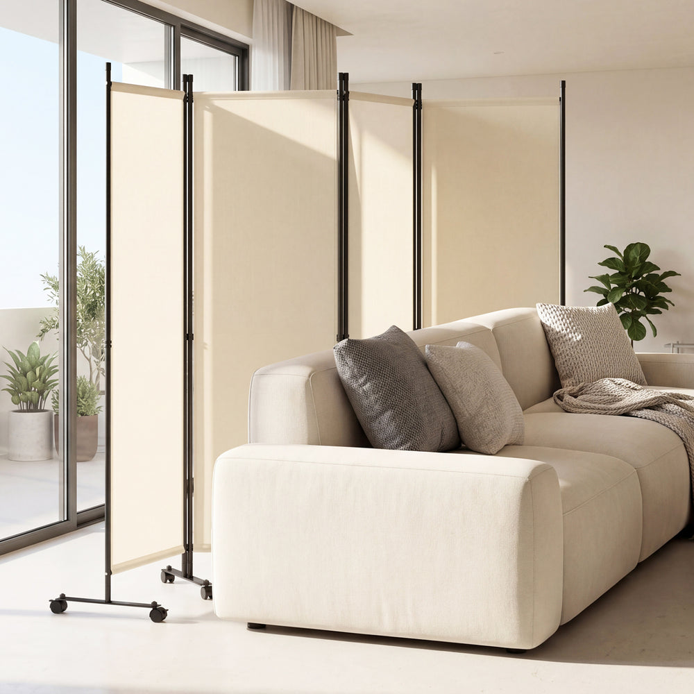 Beige 4-panel room divider with a heavy-duty metal frame, positioned near a sofa, enhancing privacy in the living room.