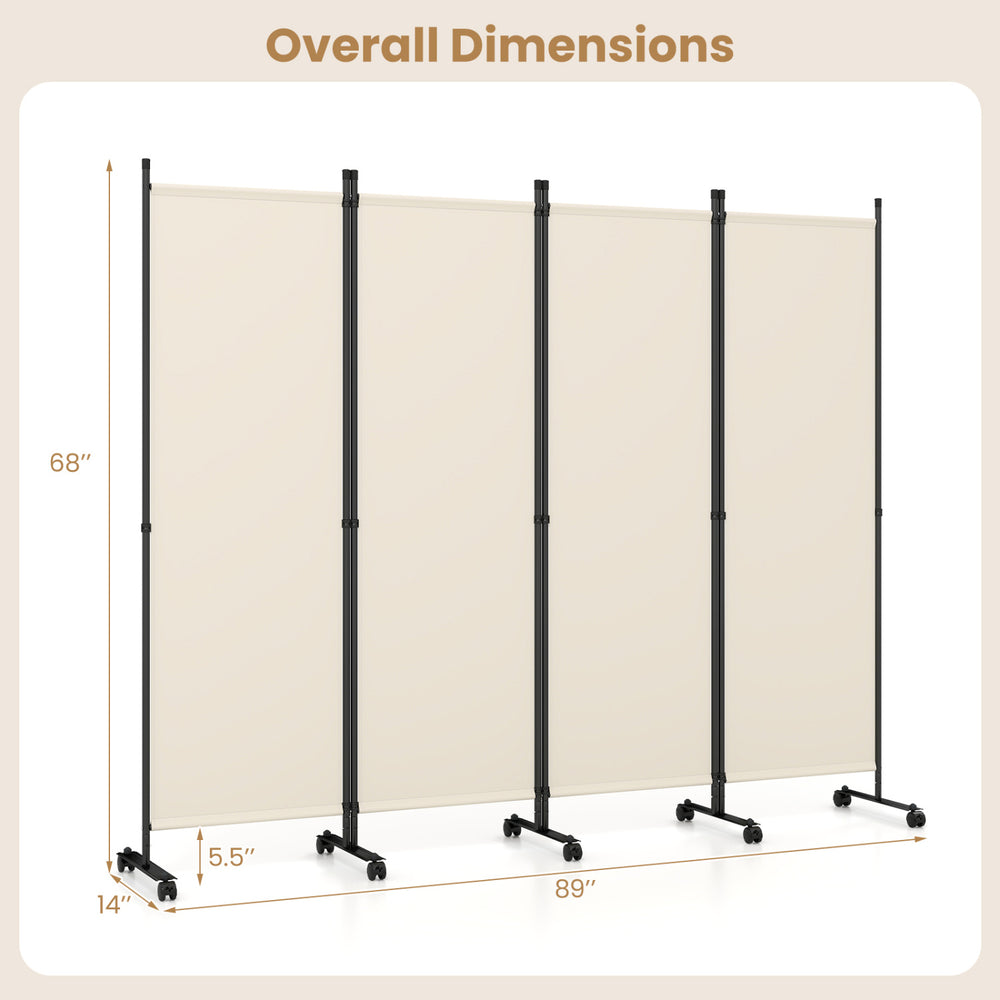 4-panel room divider in beige with lockable wheels, measuring 68" high and 89" wide, ideal for privacy and decoration.