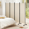 Beige 4-panel room divider with lockable wheels, ideal for privacy and flexible space arrangement in living rooms.