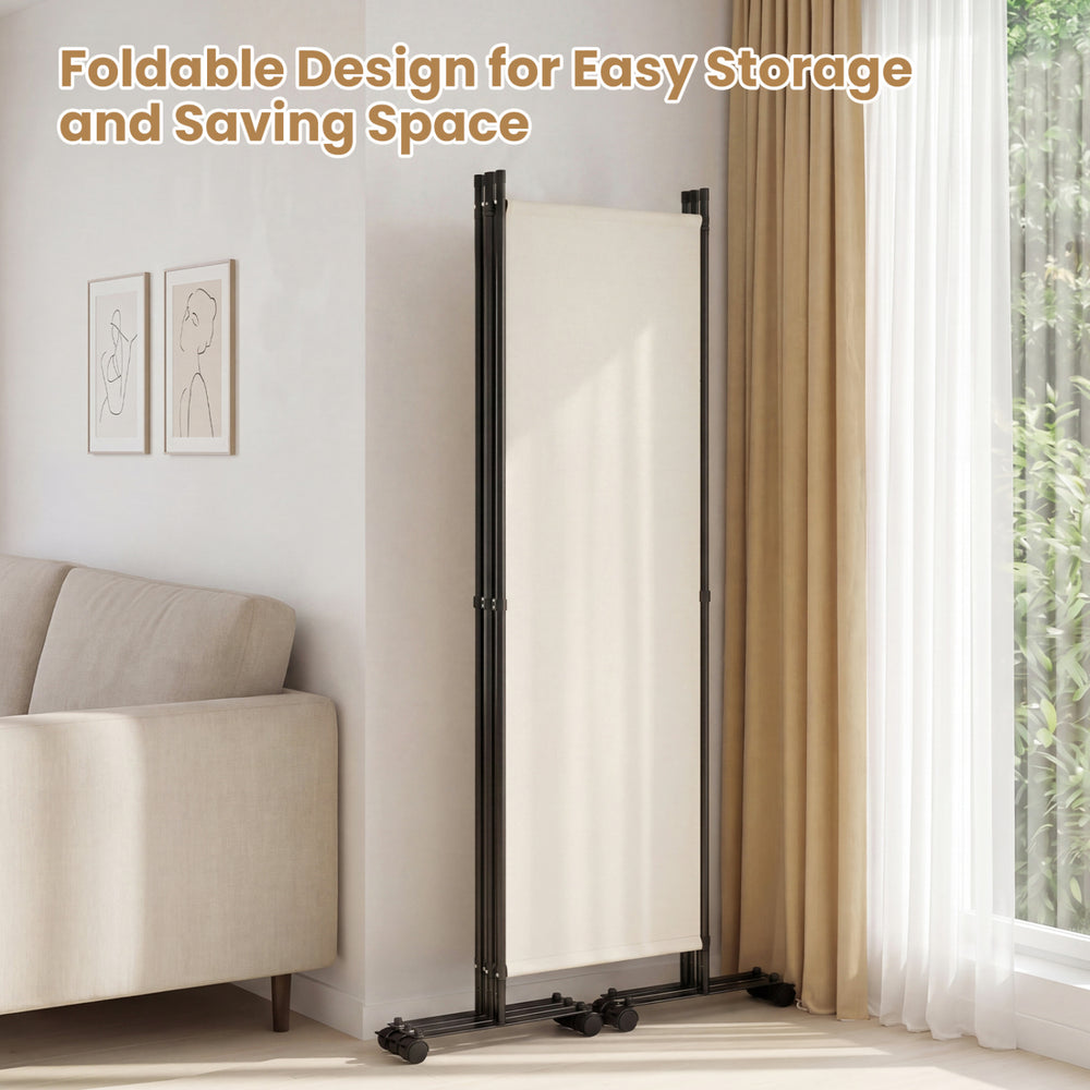 4-panel beige room divider with lockable wheels, foldable design for easy storage, ideal for living room or office use.