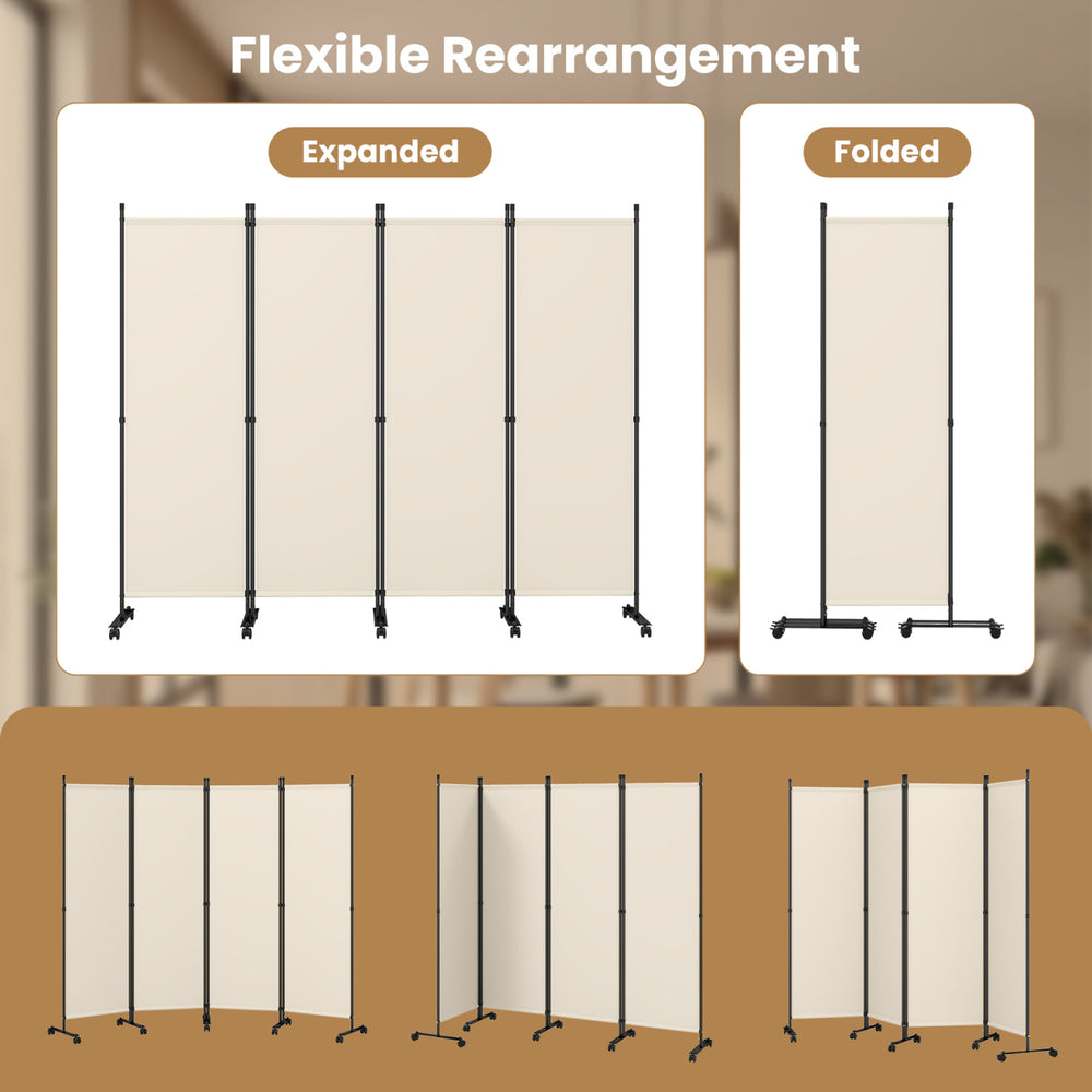4-panel beige room divider with lockable wheels, showcasing expanded and folded configurations for versatile use.
