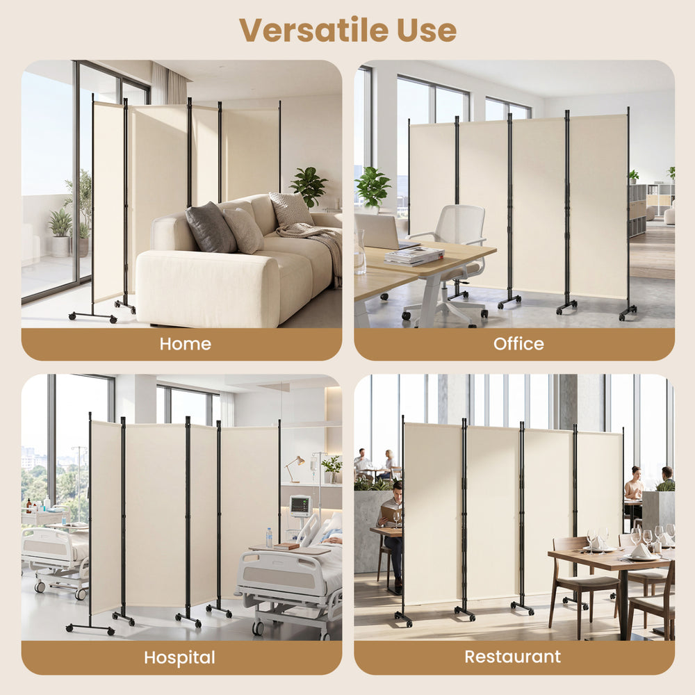 4-panel room divider in beige with lockable wheels, ideal for home, office, hospital, and restaurant use.