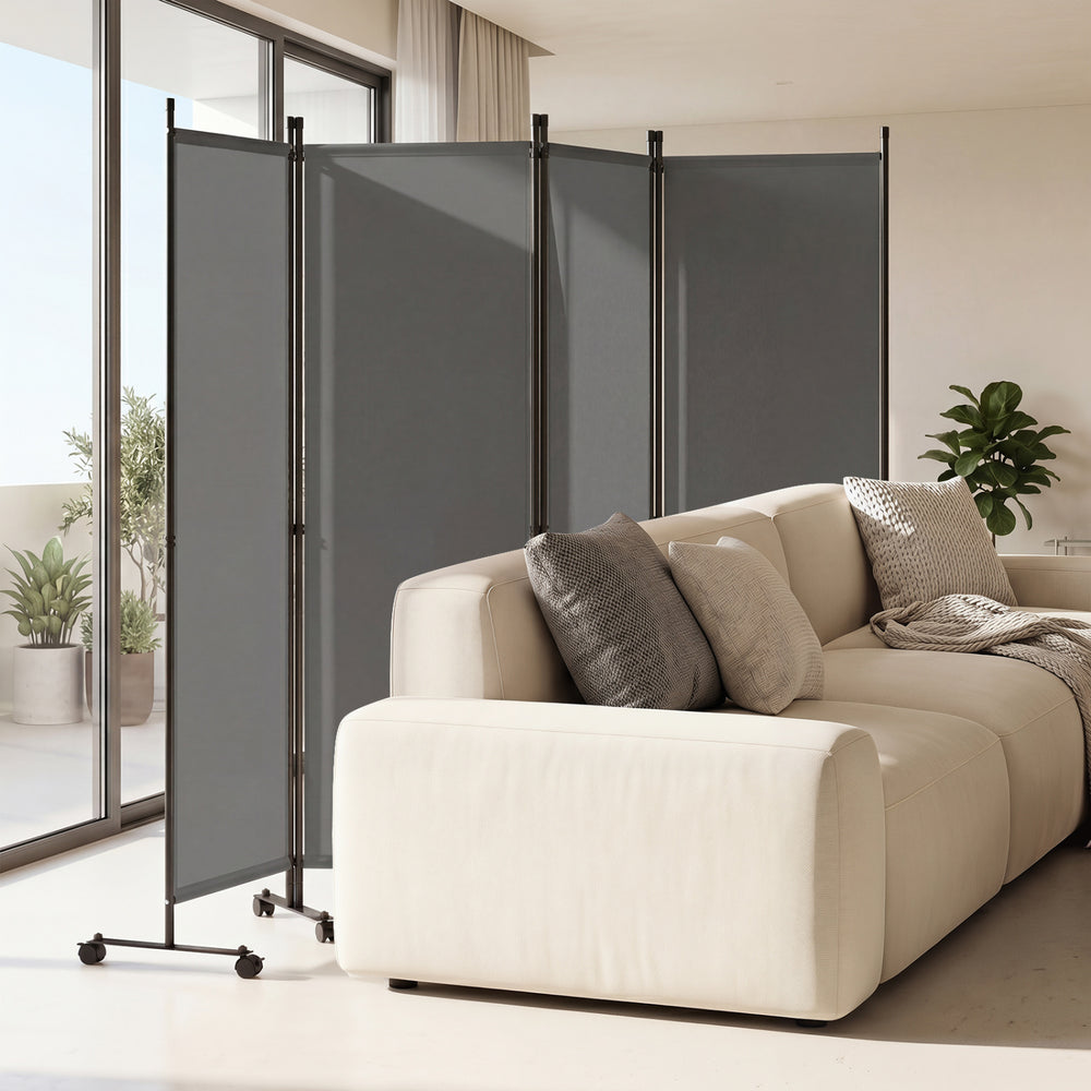 4-Panel Room Divider with Lockable Wheels for Living Room-Gray - Gallery View 1 of 10