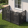 Black 4-panel wooden outdoor privacy fence with slatted design, ideal for enclosing AC units and ensuring ventilation.