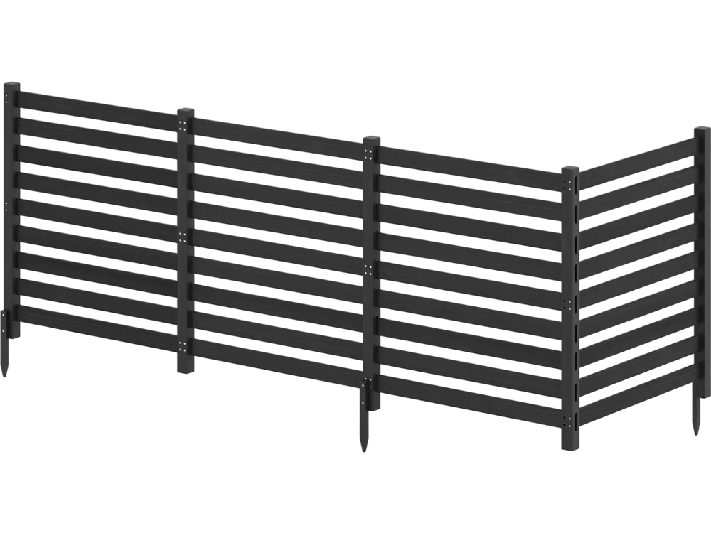 Black 4-panel wooden outdoor privacy fence features slatted design for ventilation and includes robust ground stakes for stability.