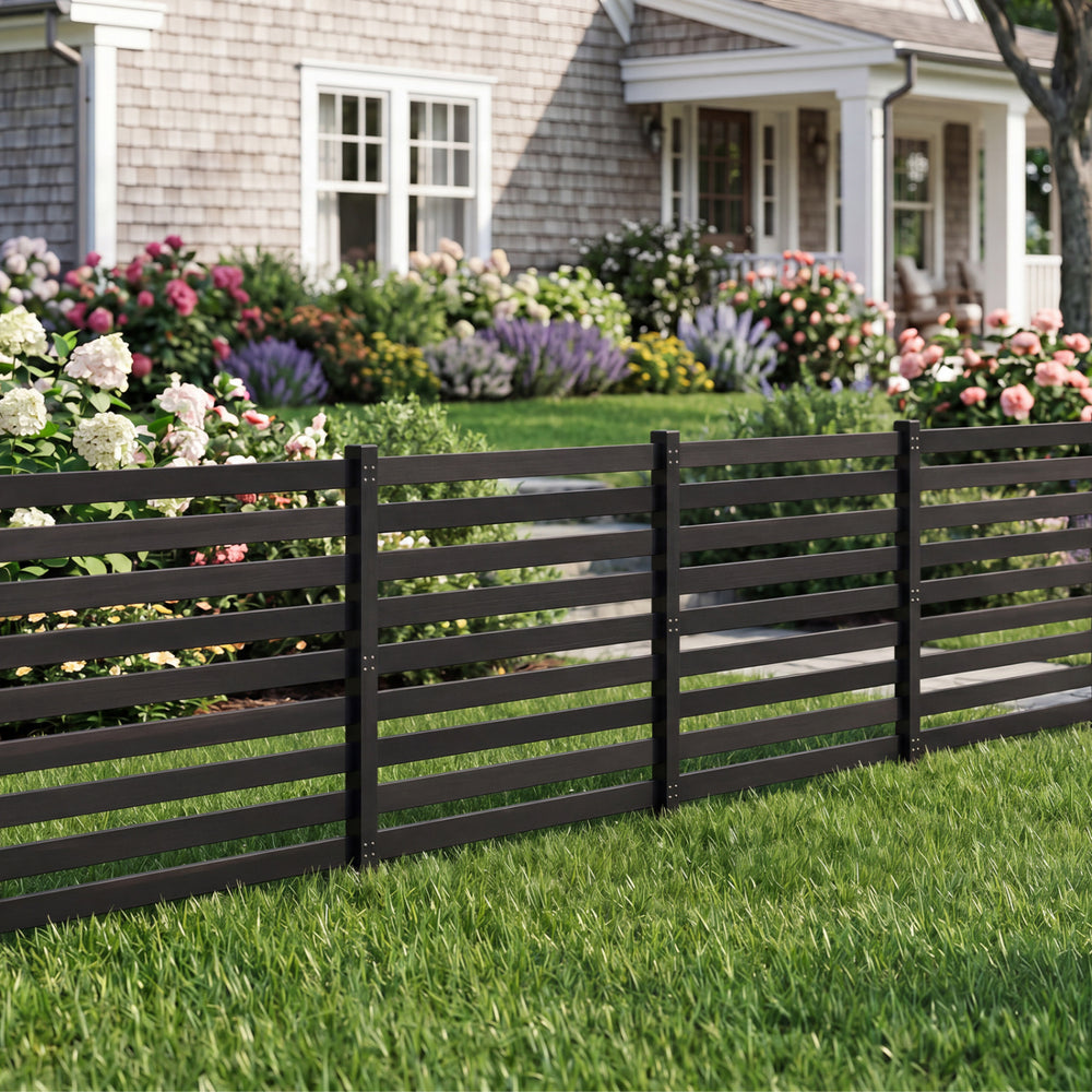 Black 4-panel wooden outdoor privacy fence with slatted design, ideal for decorative enclosures and easy no-dig setup.