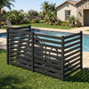 4-panel black wooden outdoor privacy fence with slatted design, ideal for enclosing AC units or pool pumps.