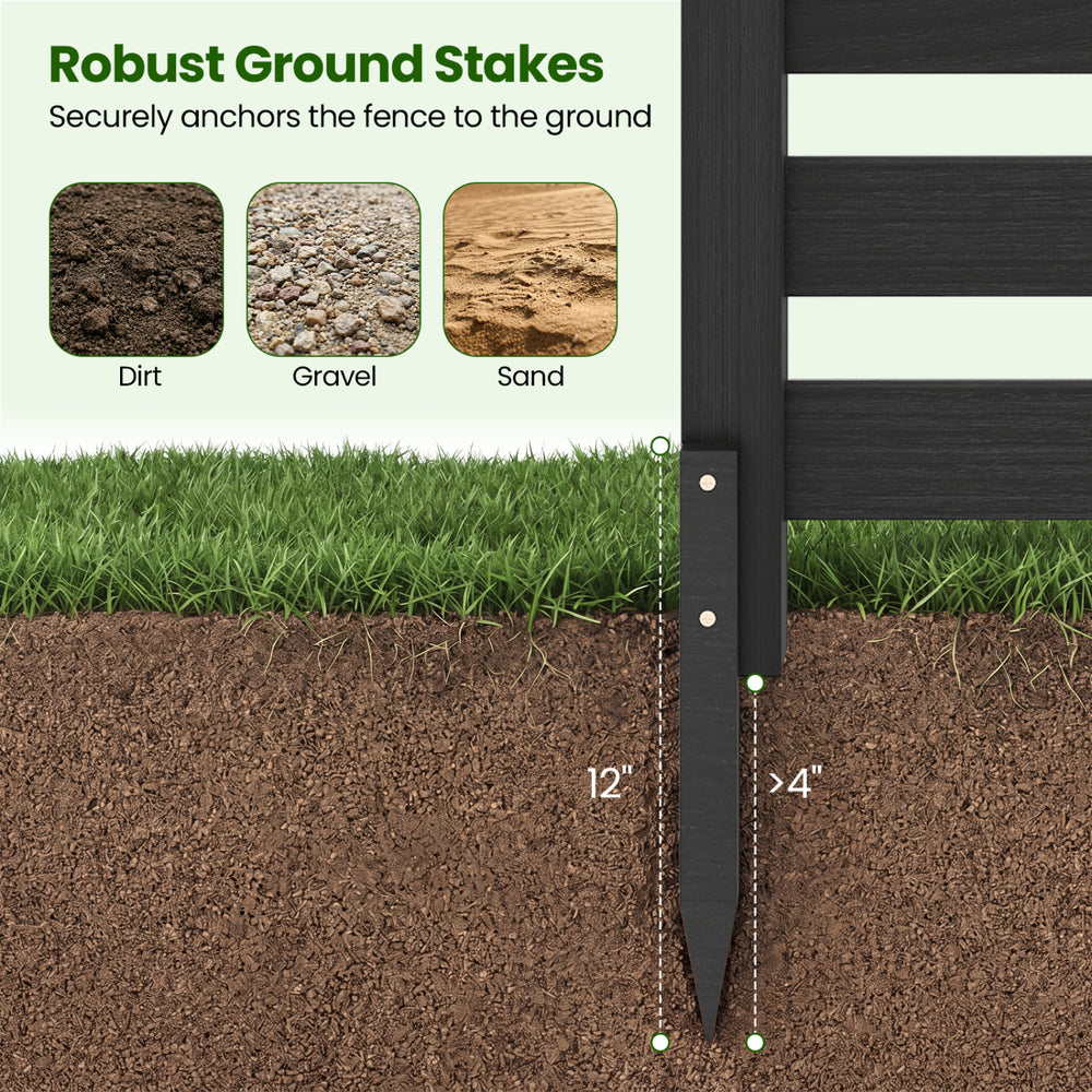 Robust ground stakes securely anchor the black wooden outdoor privacy fence to dirt, gravel, or sand for stability.
