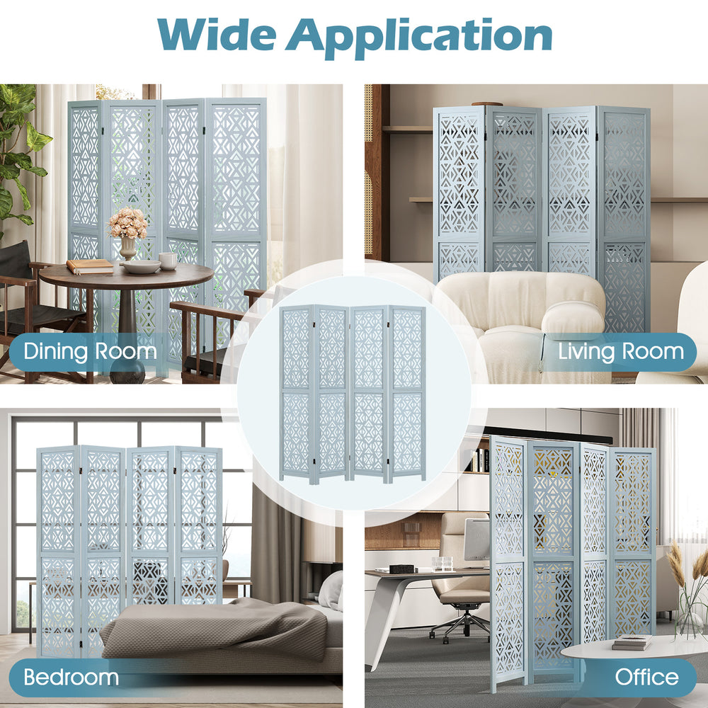4-panel wooden room divider with carved cutout pattern, ideal for flexible placement in dining room, living room, or.
