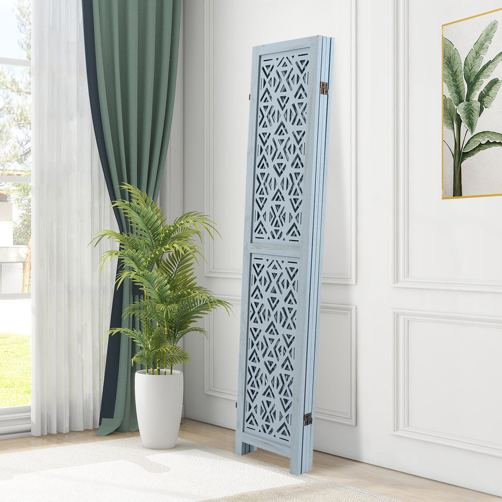 Four-panel wooden room divider with carved cutout pattern, featuring a solid wood frame for flexible placement in any.