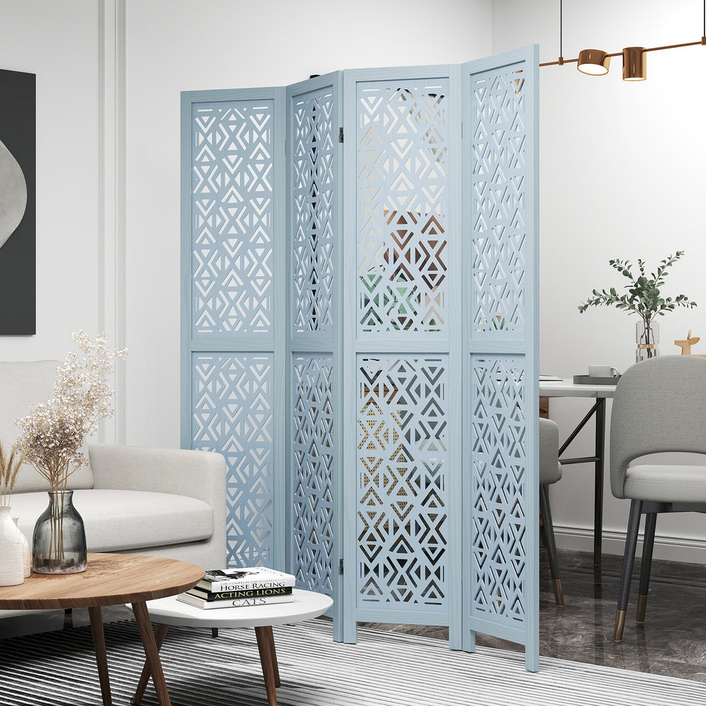 Four-panel wooden room divider with carved cutout pattern in blue, perfect for flexible placement in any room.
