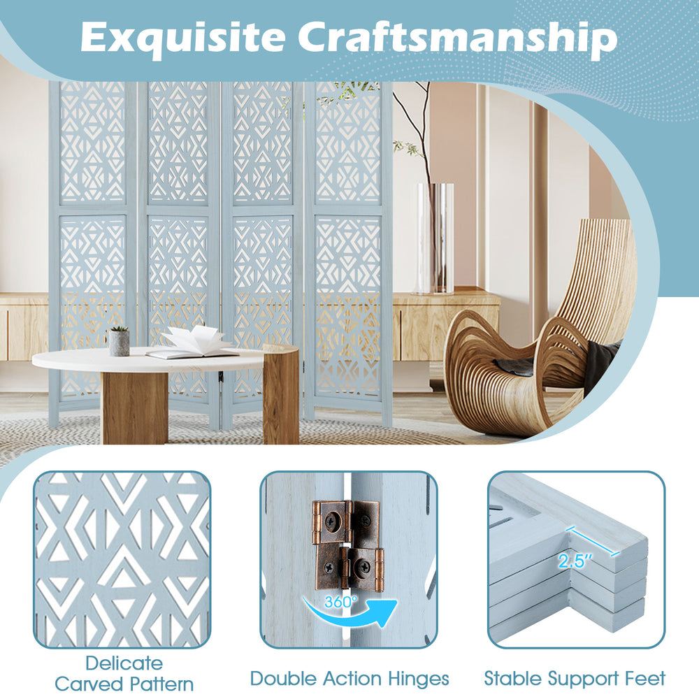 4-panel wooden room divider with carved cutout pattern, stable support feet, and double action hinges for flexible.