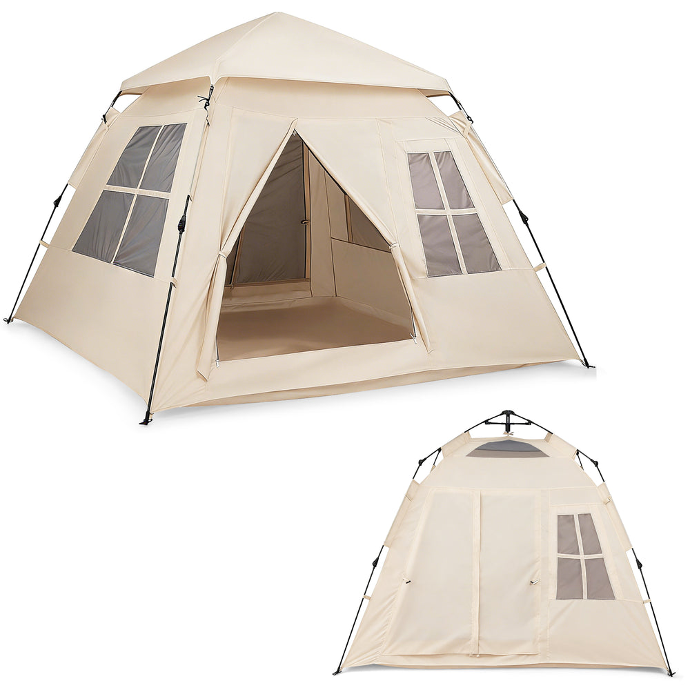 4-person camping tent with automatic setup, rainfly, and dual doors for easy access, ideal for outdoor adventures.