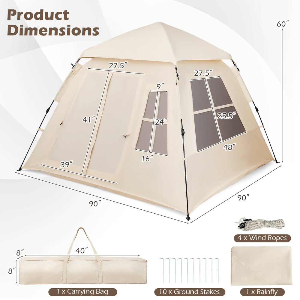 4-person camping tent with automatic setup, rainfly, and 2 doors, featuring breathable mesh windows for ventilation.