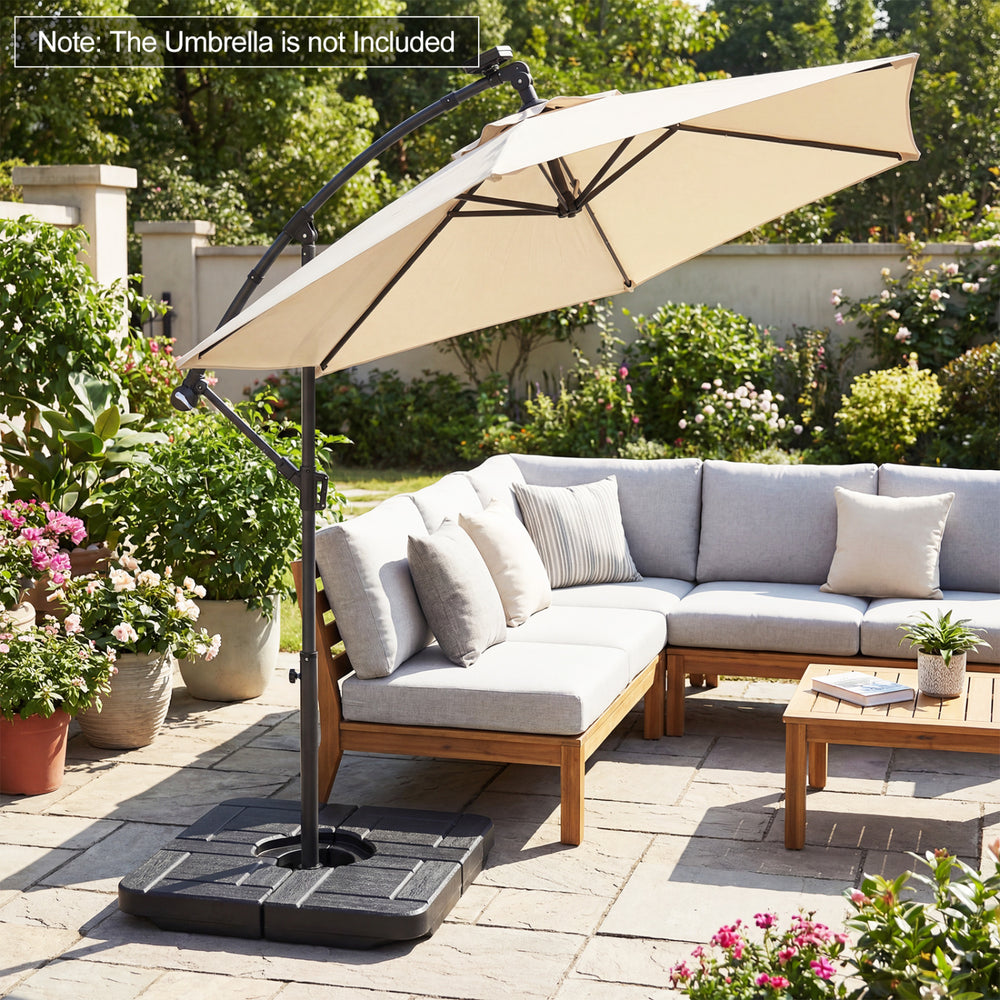 Cantilever offset patio umbrella base with a realistic wood-grain finish, designed for stability and easy filling.