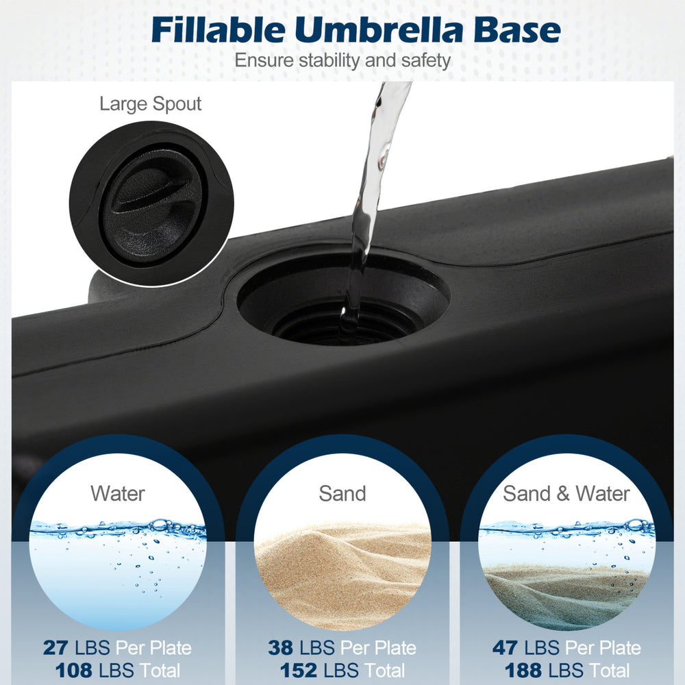 Large spout of the 4-piece black umbrella base for easy filling with water or sand, ensuring stability for patio.