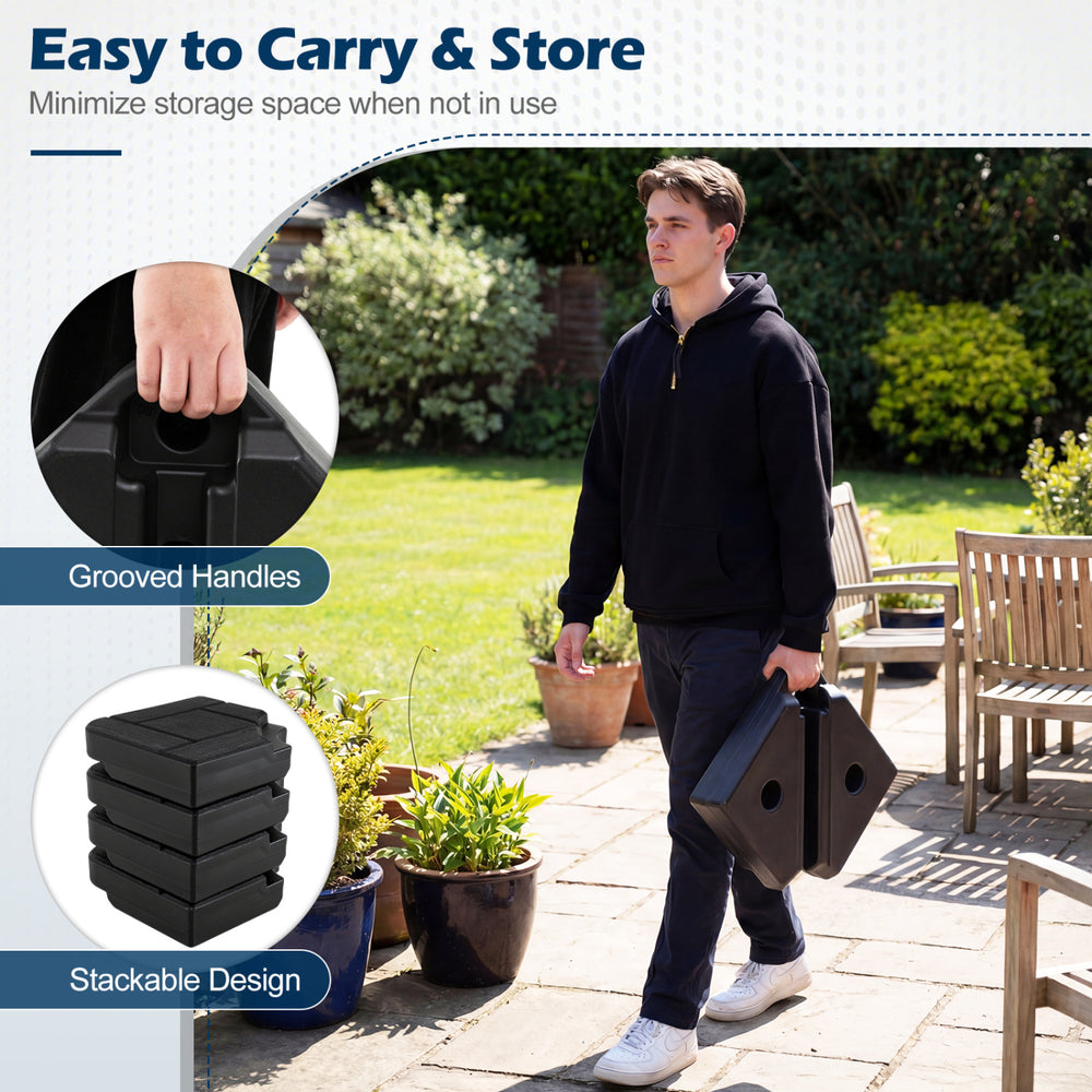 Stackable 4-piece black patio umbrella base with grooved handles, designed for 9-10 ft umbrellas, easy to carry and.